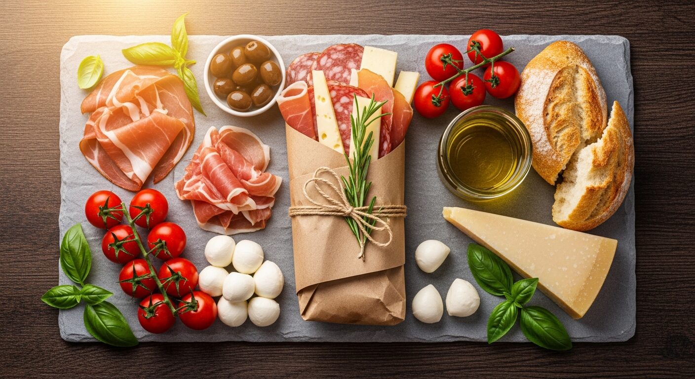 An Italian deli gift spread on a rustic wood table — prosciutto, fresh mozzarella, olives, parmigiano, crusty bread, and olive oil, ready to be gifted