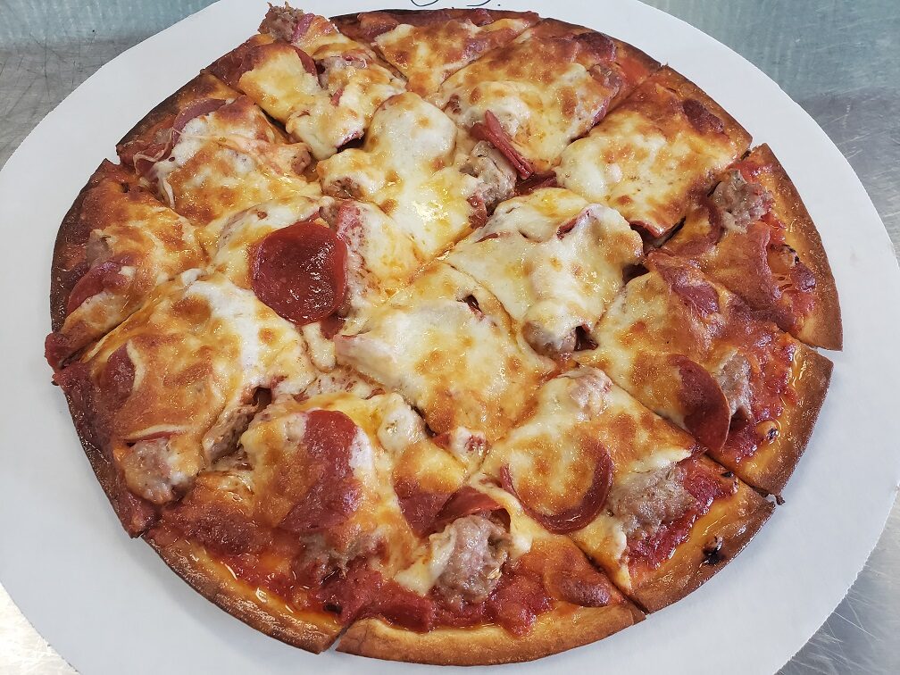 Brianno's original thin crust pizza with whole-milk mozzarella and fresh-cut vegetables, Eagan MN pizzeria